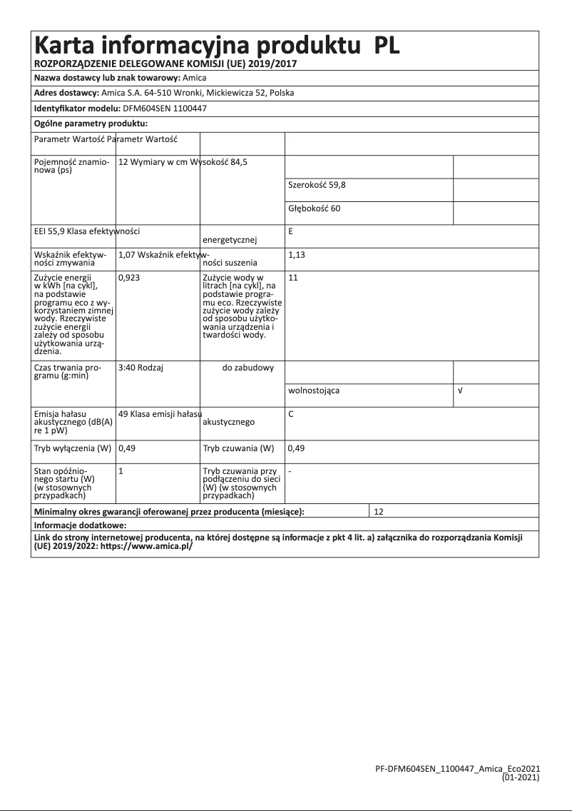 Page 1 de la notice Manuel utilisateur Amica DFM604SEN