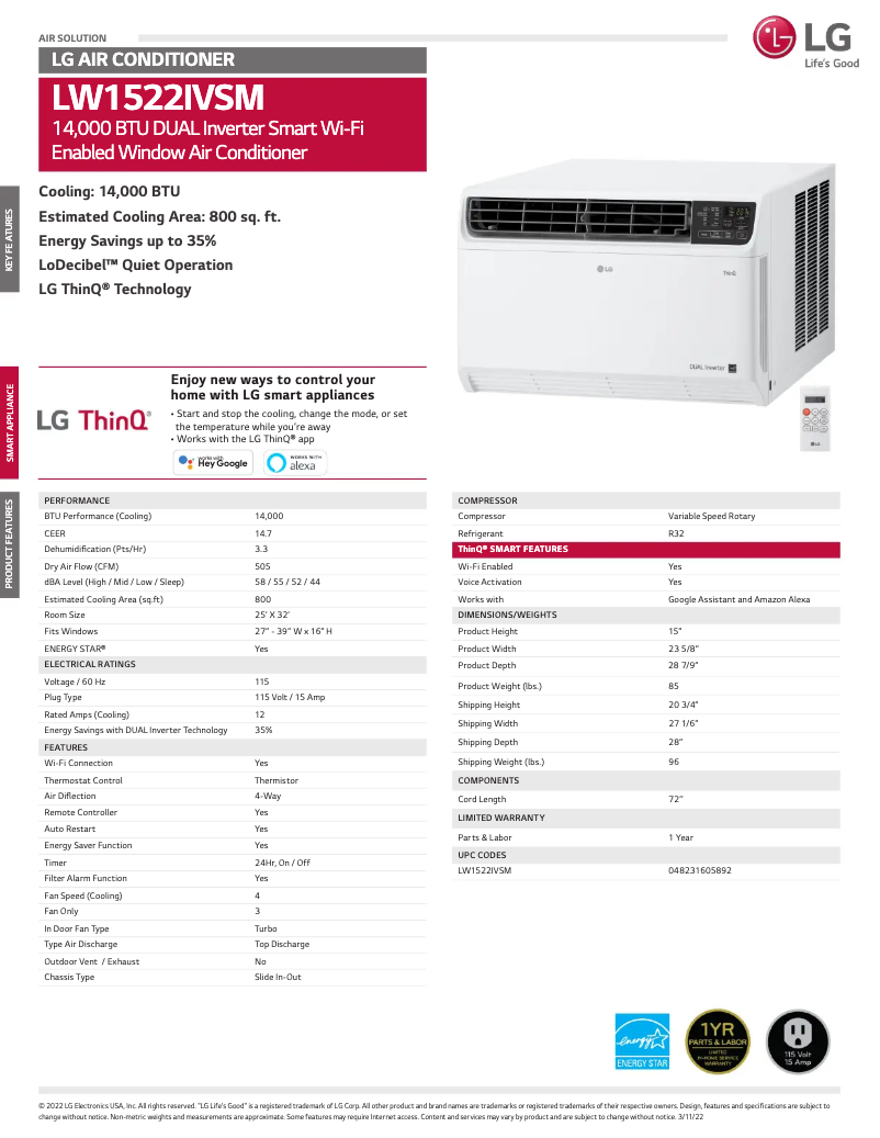 Page 1 de la notice Fiche technique LG LW1522IVSM