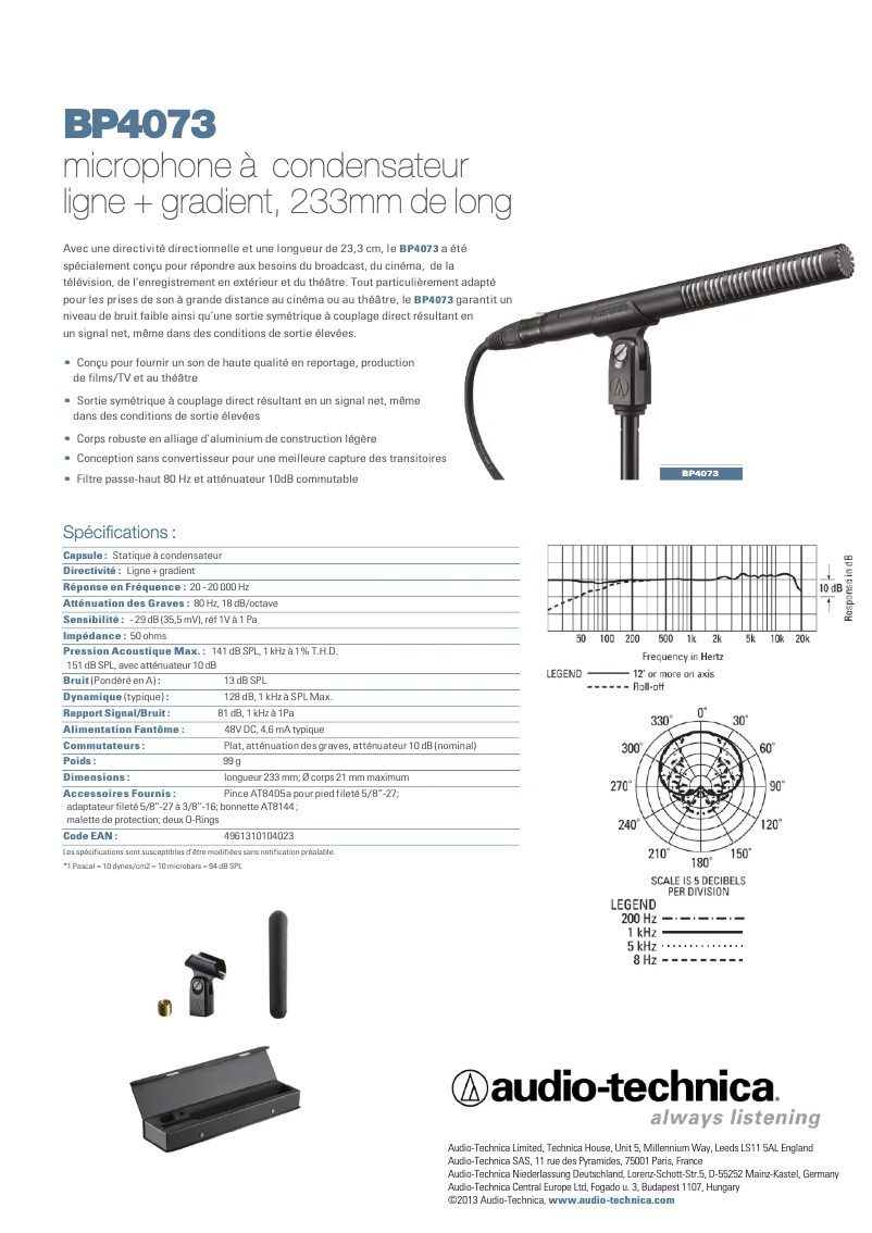 Page 1 de la notice Guide de démarrage rapide Audio-Technica BP4073
