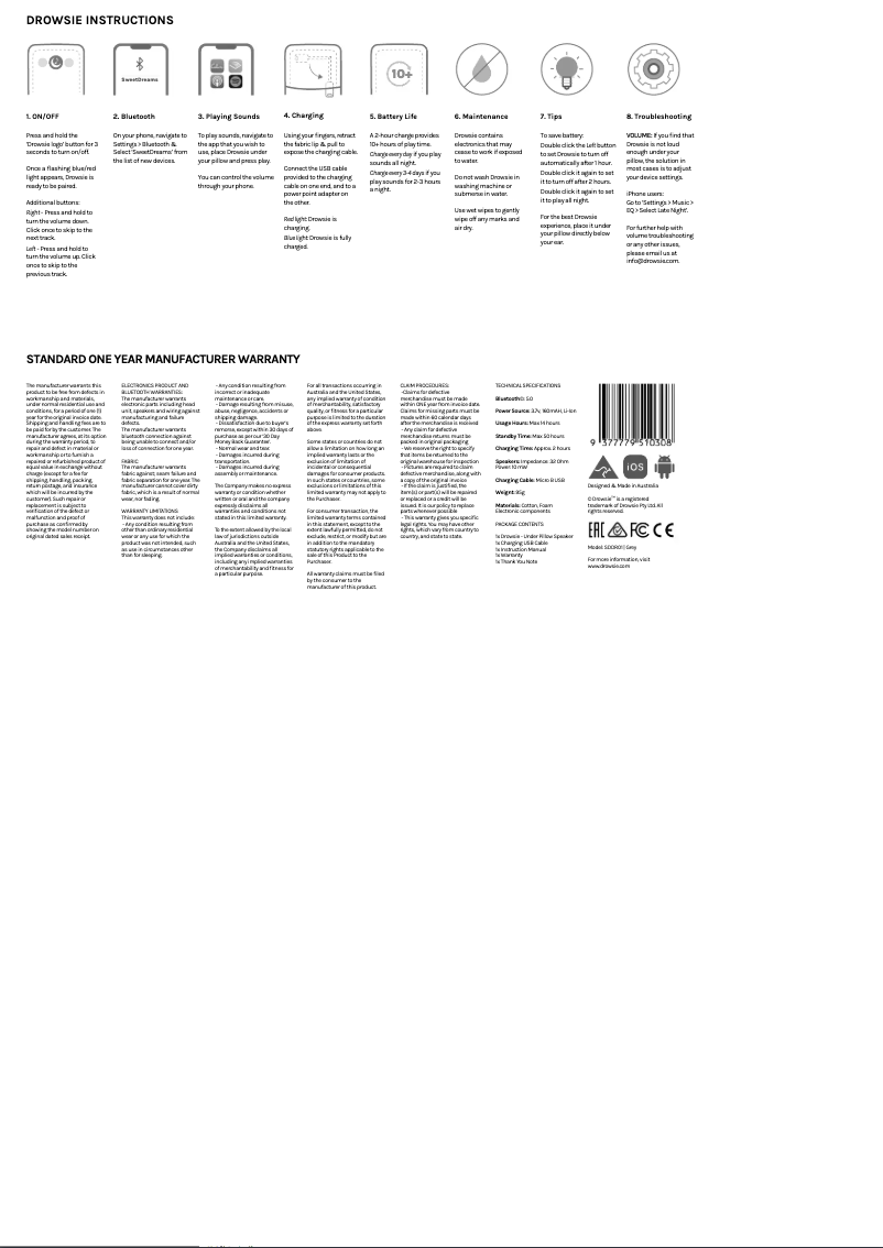 Page 1 de la notice Manuel utilisateur Drowsie Calming Under Pillow Speaker