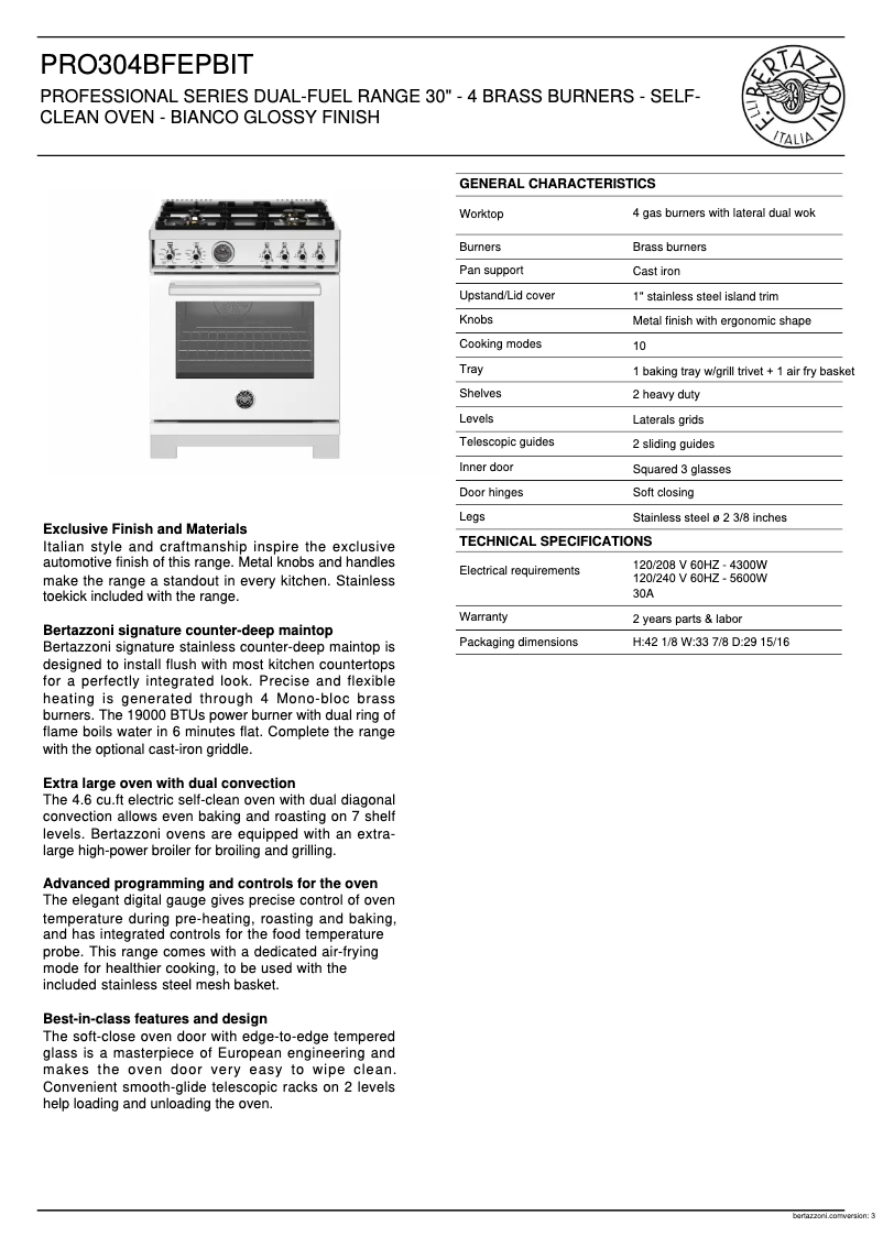 Page 1 de la notice Fiche technique Bertazzoni PRO304BFEPBIT