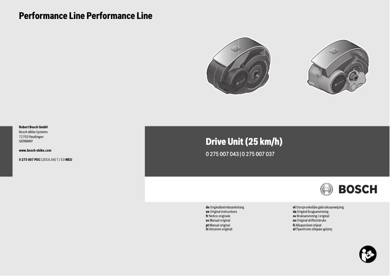 Page 1 de la notice Manuel utilisateur Bosch Performance Line Drive Unit 25 km-h