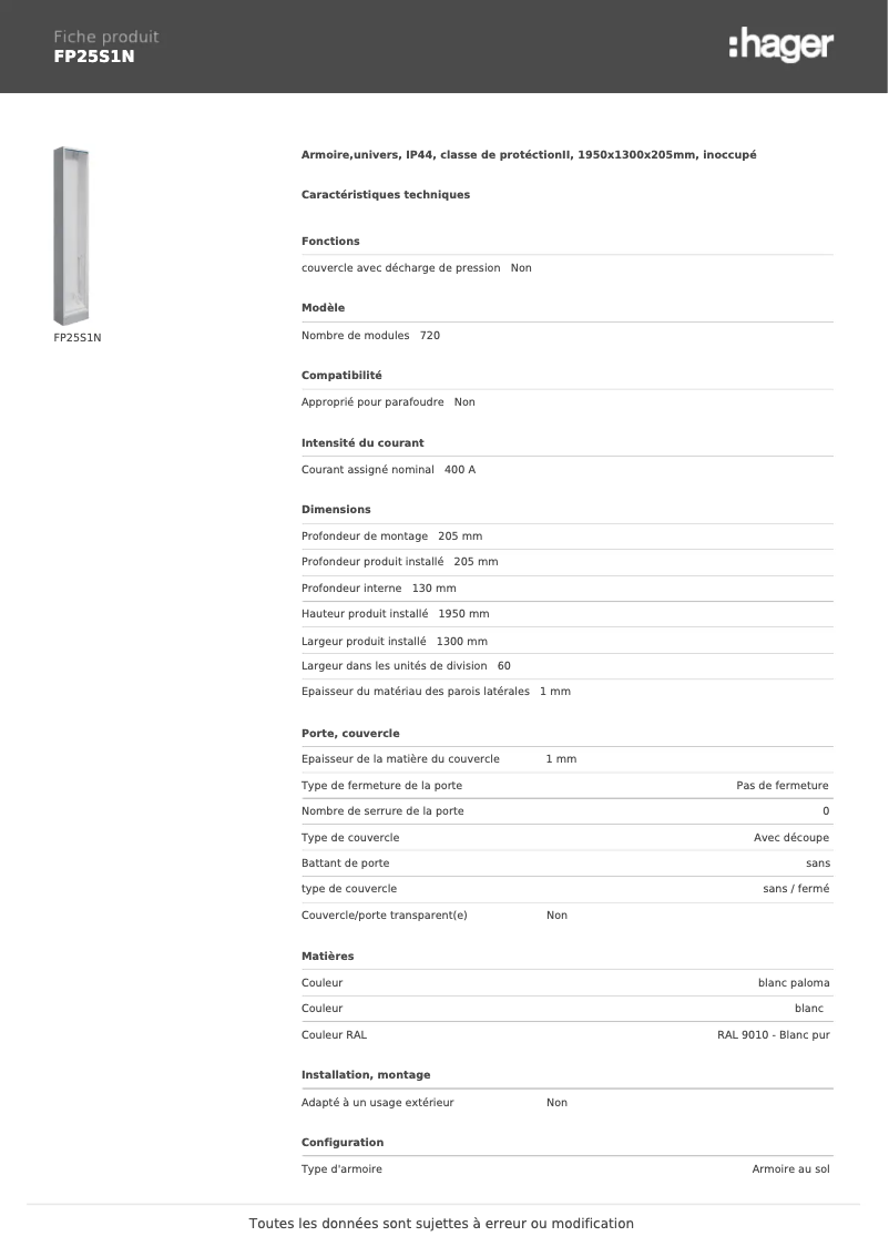 Page 1 de la notice Fiche technique Hager FP25S1N