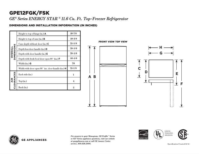 Page n°1 - Fiche technique GE GPE12FGKWW