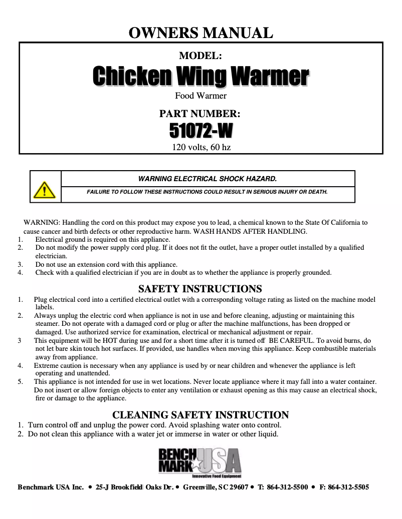 Page 1 de la notice Manuel utilisateur Benchmark USA Chicken Wing Warmer 51072-W