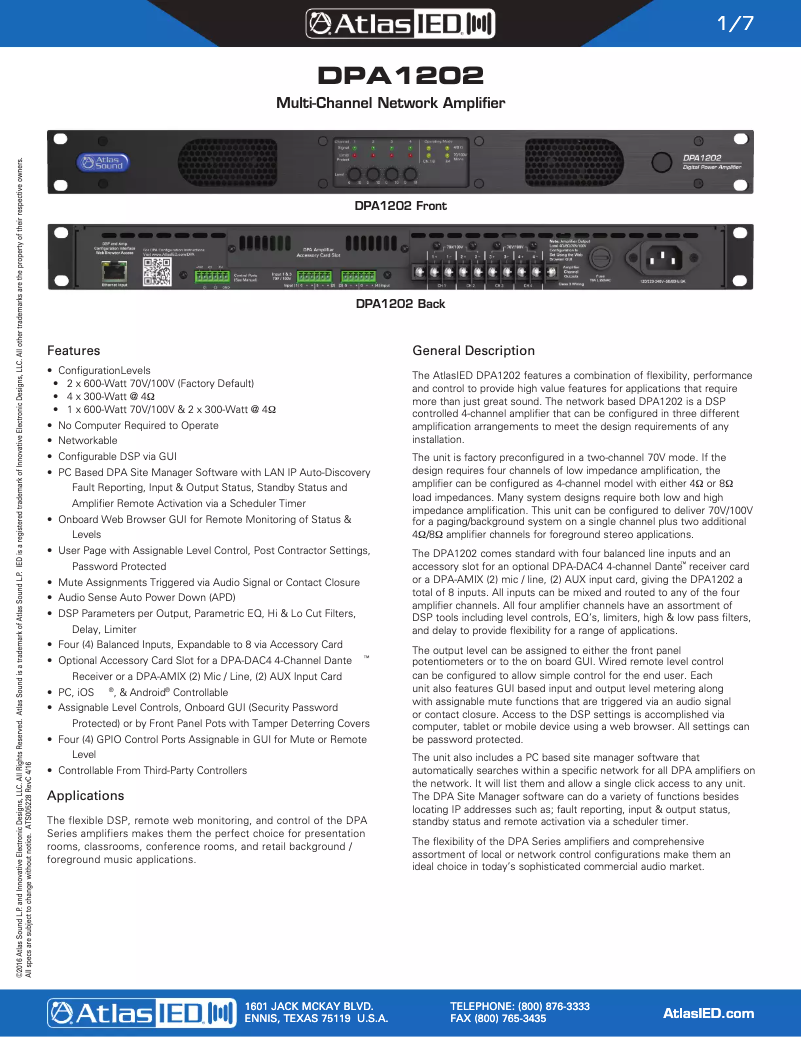 Página 1 del manual Folleto Atlas Sound DPA1202