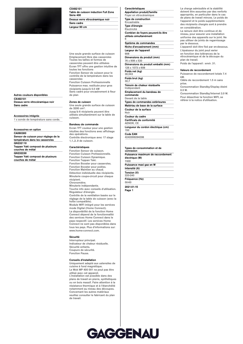 Página 1 del manual Ficha técnica Gaggenau CX492101