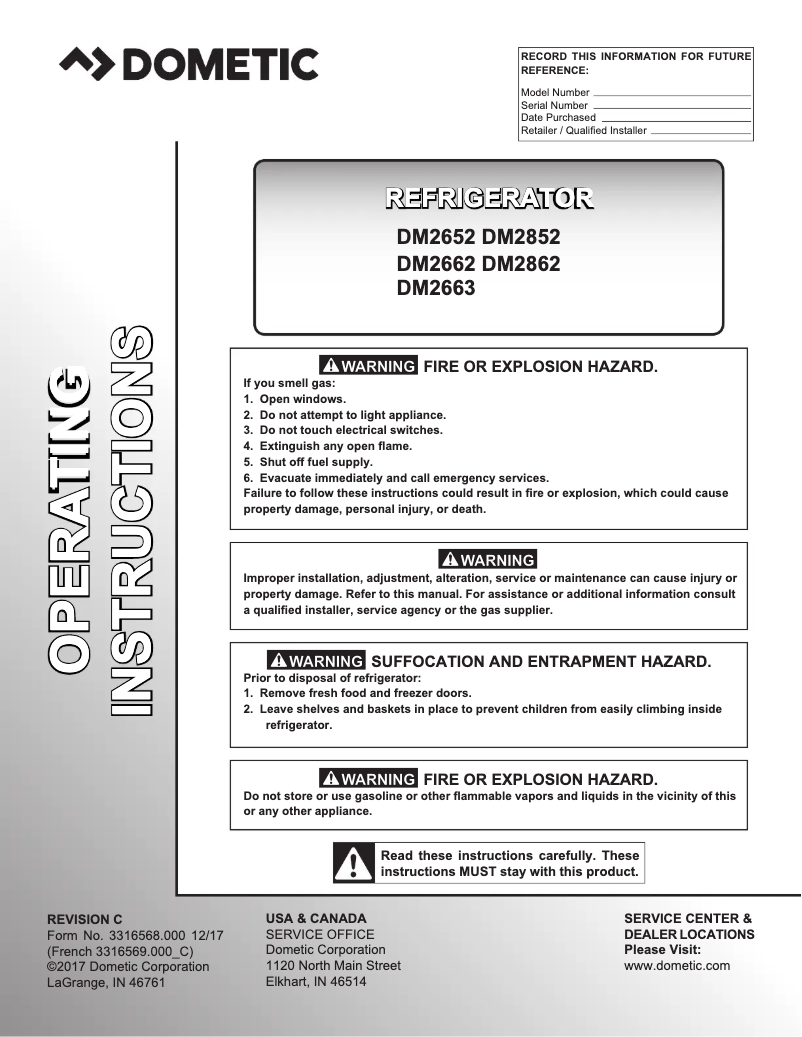 Page 1 de la notice Manuel utilisateur Dometic RM2451