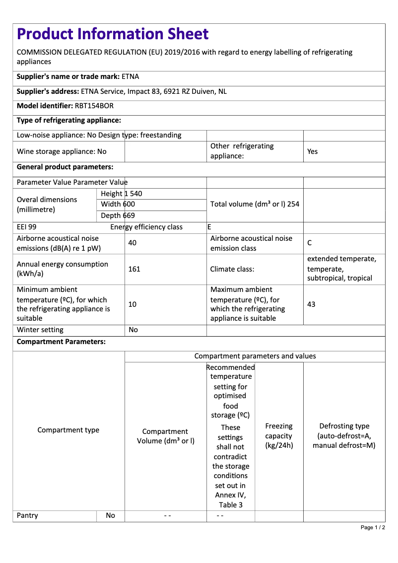 Page 1 de la notice Fiche technique Etna RBT154BOR