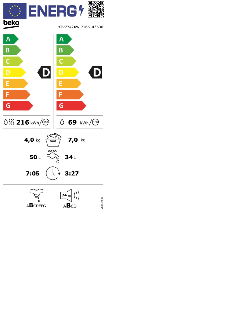 Page 1 de la notice Manuel utilisateur Beko HTV7742XW