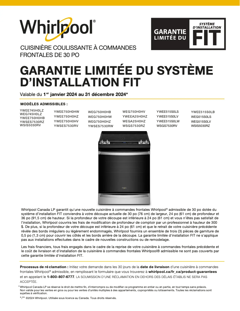 Page 1 de la notice Guide d'installation Whirlpool WEG745H0LZ
