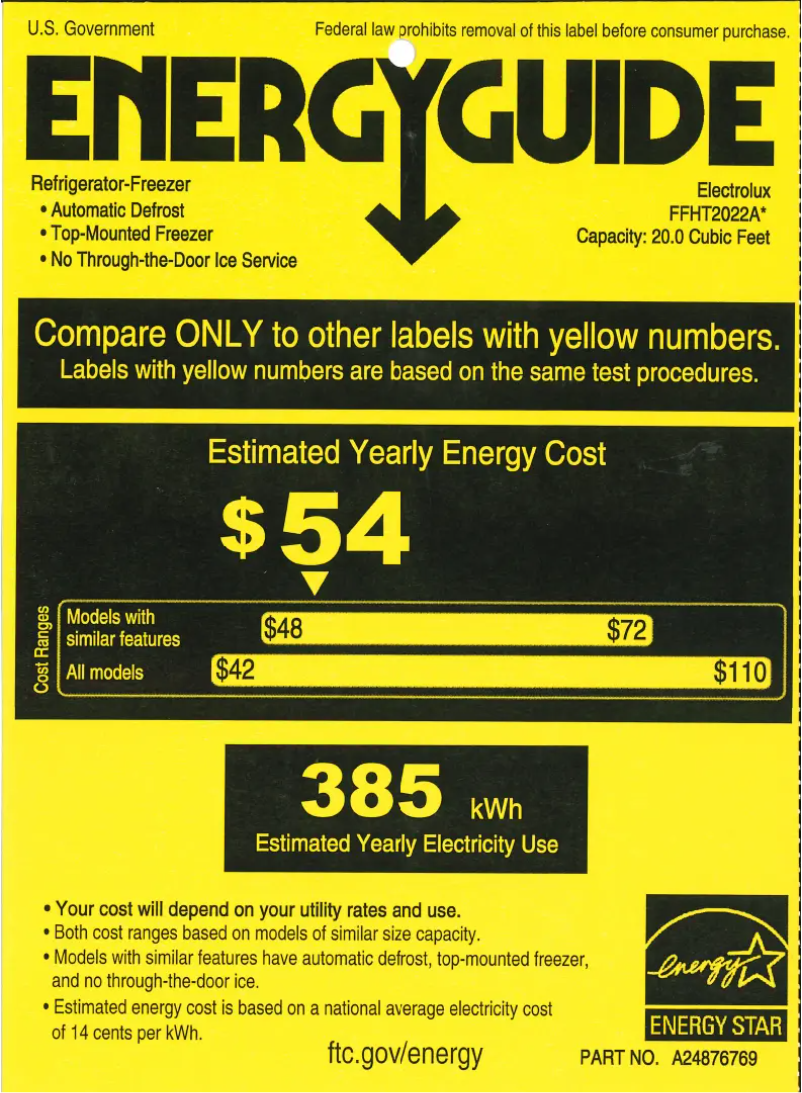 Page 1 de la notice Label énergétique Frigidaire FFHT2022AB