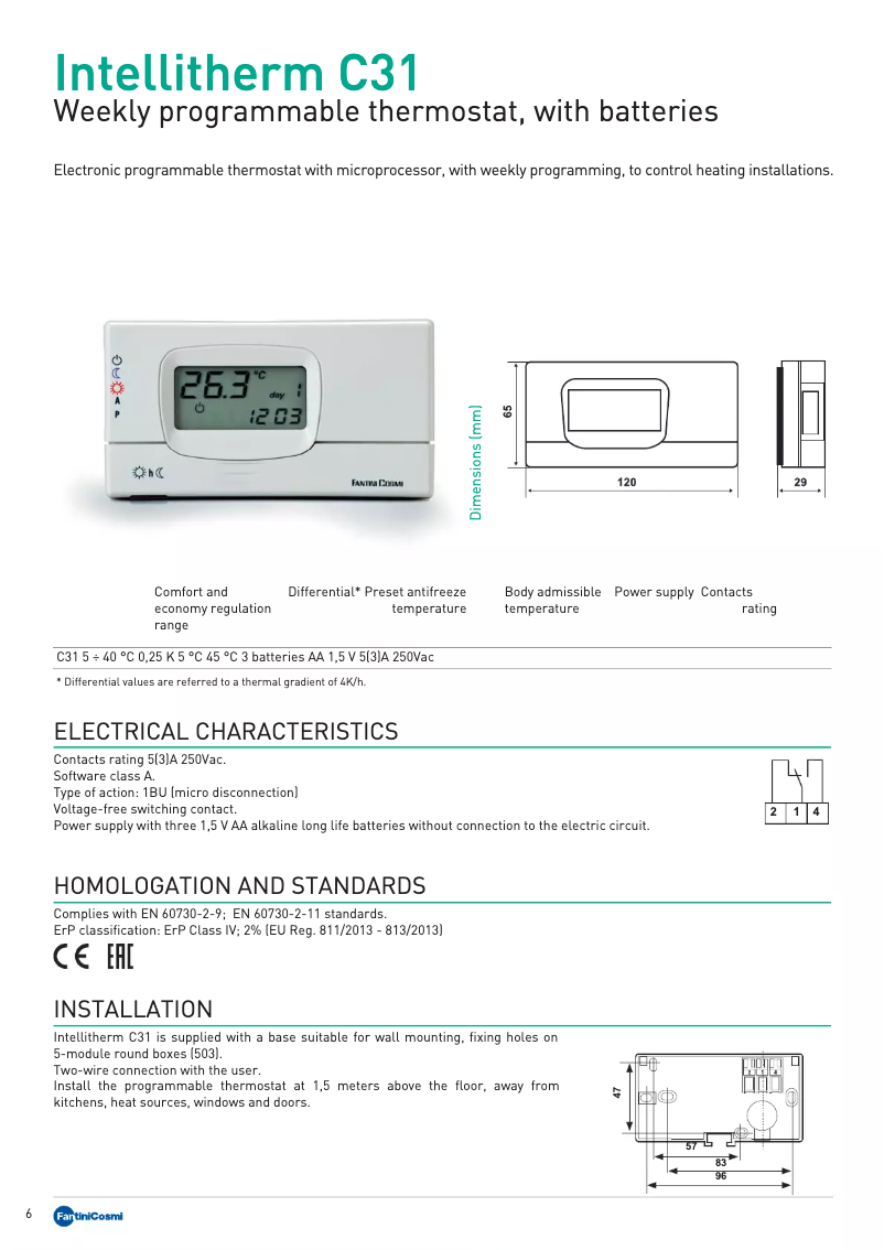 Page 1 de la notice Fiche technique Fantini Cosmi IntelliTherm C31