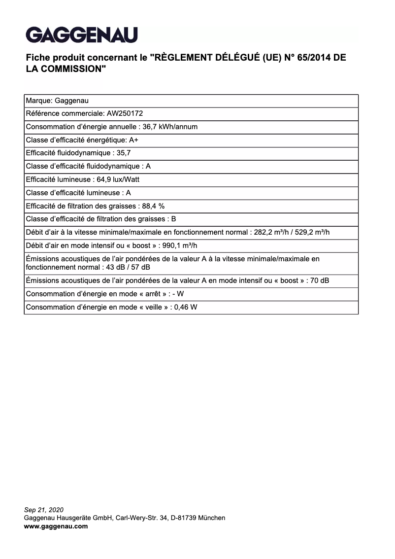 Page 1 de la notice Fiche technique Gaggenau AW250172