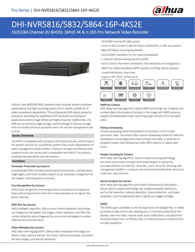 Page 1 de la notice Fiche technique Dahua Technology NVR5816-16P-4KS2E