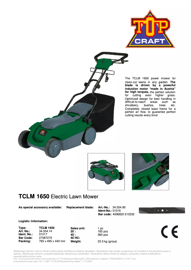Page 1 of the manual Technical Sheet Topcraft TCLM 1650