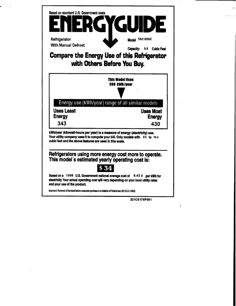 Page 1 de la notice Label énergétique GE TAX10SNXRWH