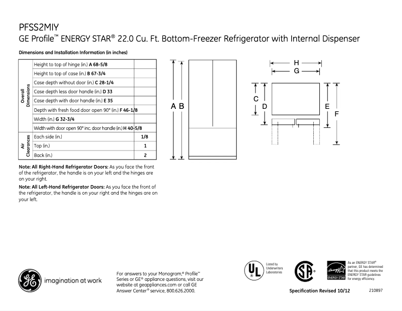 Page 1 de la notice Fiche technique GE PFSS2MIYSS