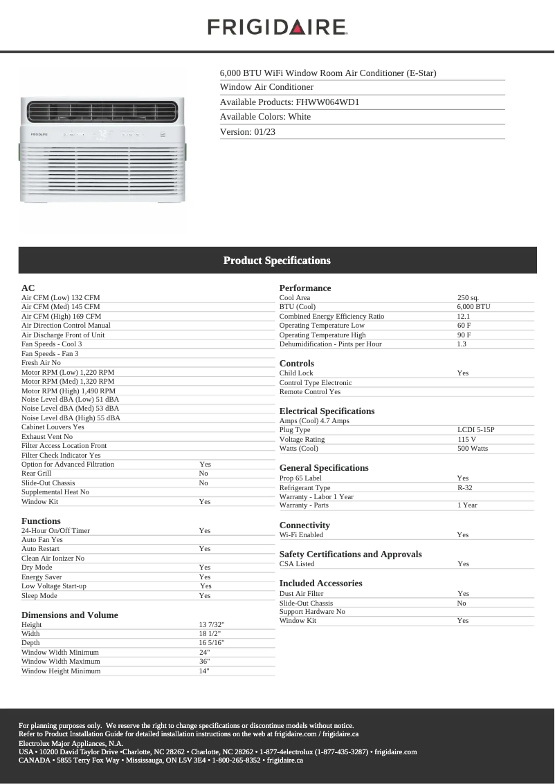 Page 1 de la notice Fiche technique Frigidaire FHWW064WD1