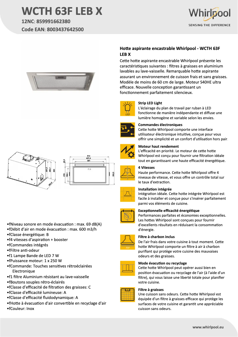 Página 1 del manual Ficha técnica Whirlpool WCTH 63F LEB X