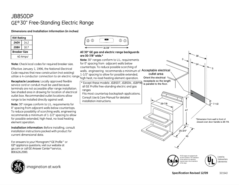 Page 1 de la notice Fiche technique GE JB850DPBB