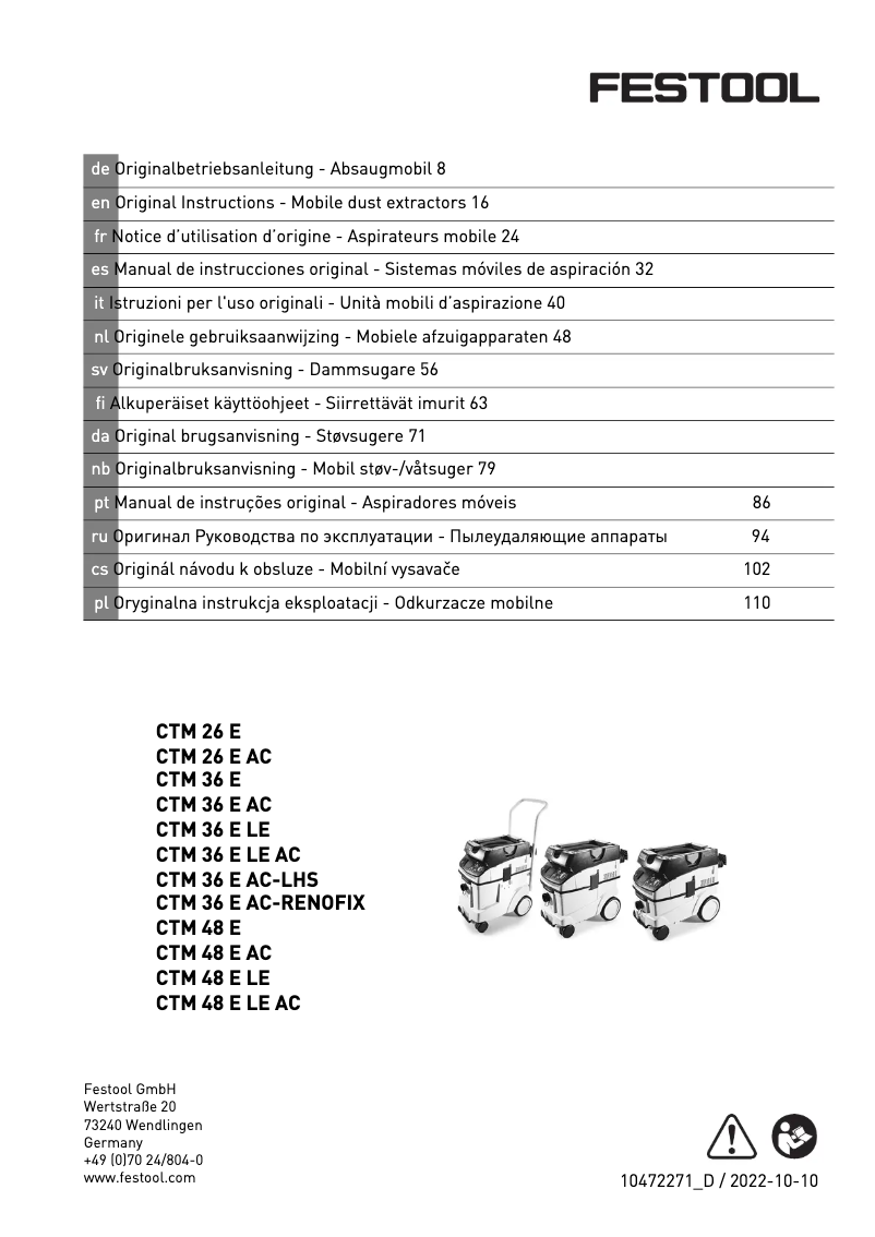 Page 1 de la notice Manuel utilisateur Festool CTM 36 E AC-LHS