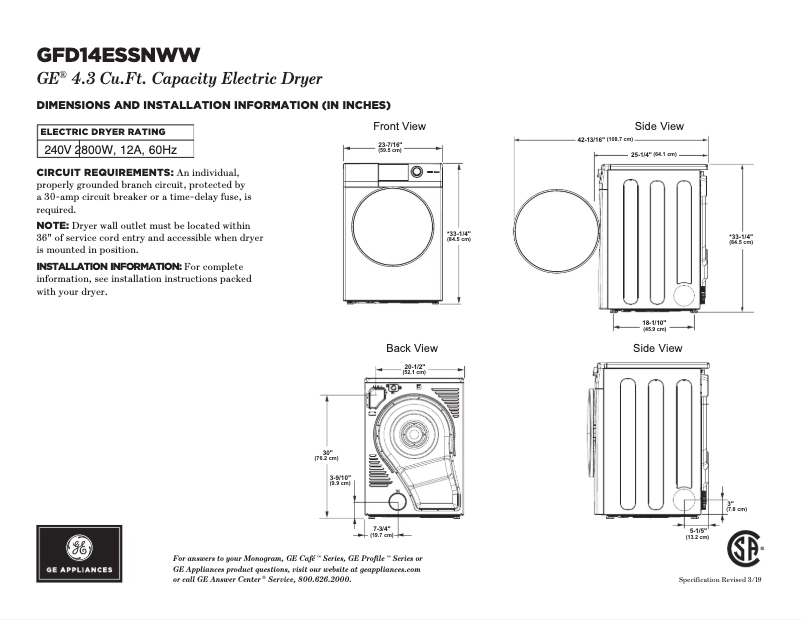 Página 1 del manual Ficha técnica GE GFD14ESSNWW