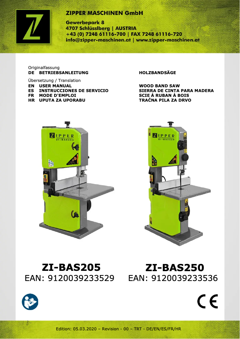 Page 1 de la notice Manuel utilisateur Zipper ZI-BAS250