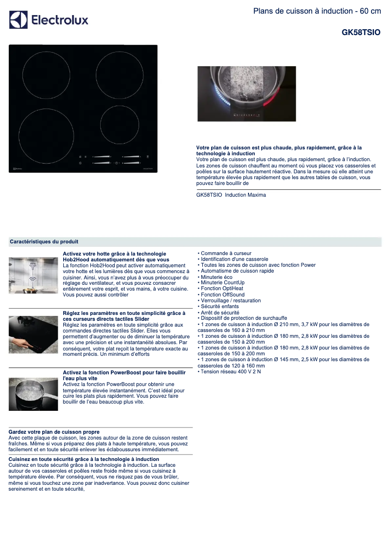 Page 1 de la notice Fiche technique Electrolux GK58TSIO