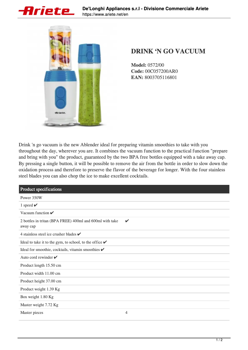 Página 1 del manual Ficha técnica Ariete Drink 'N Go 572