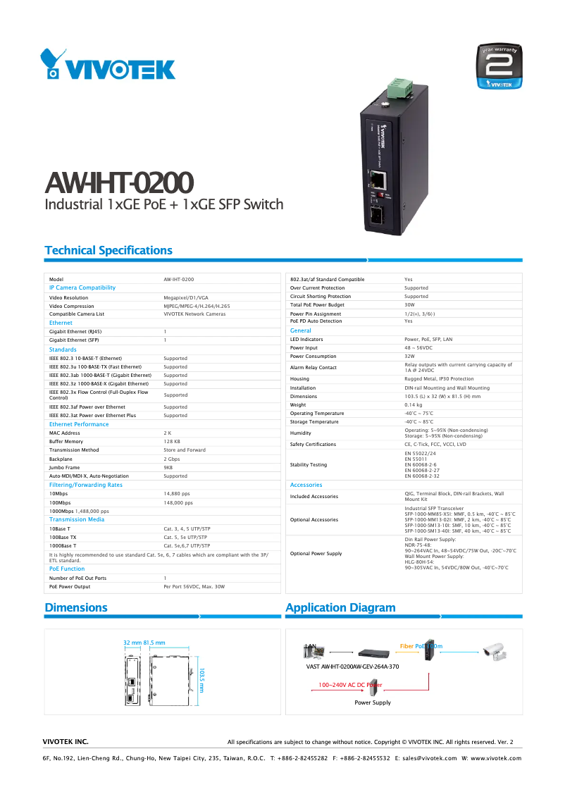 Page 1 de la notice Fiche technique Vivotek AW-IHT-0200