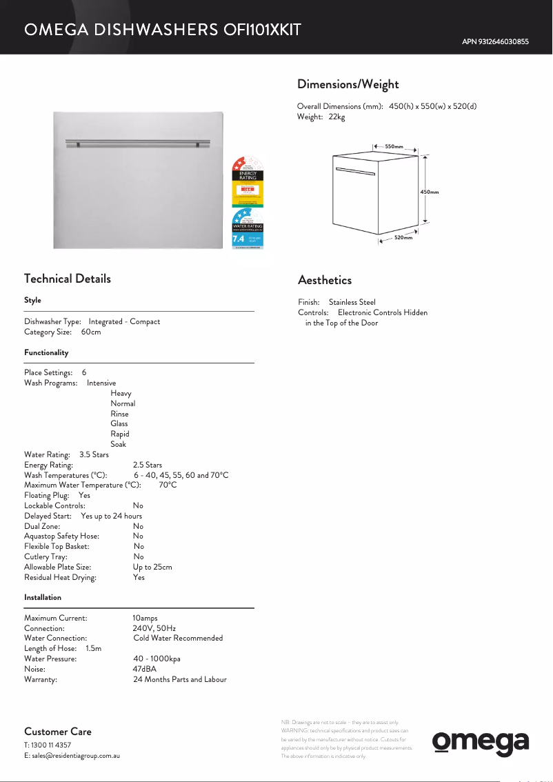 Page 1 of the manual Technical Sheet Omega OFI101XKIT