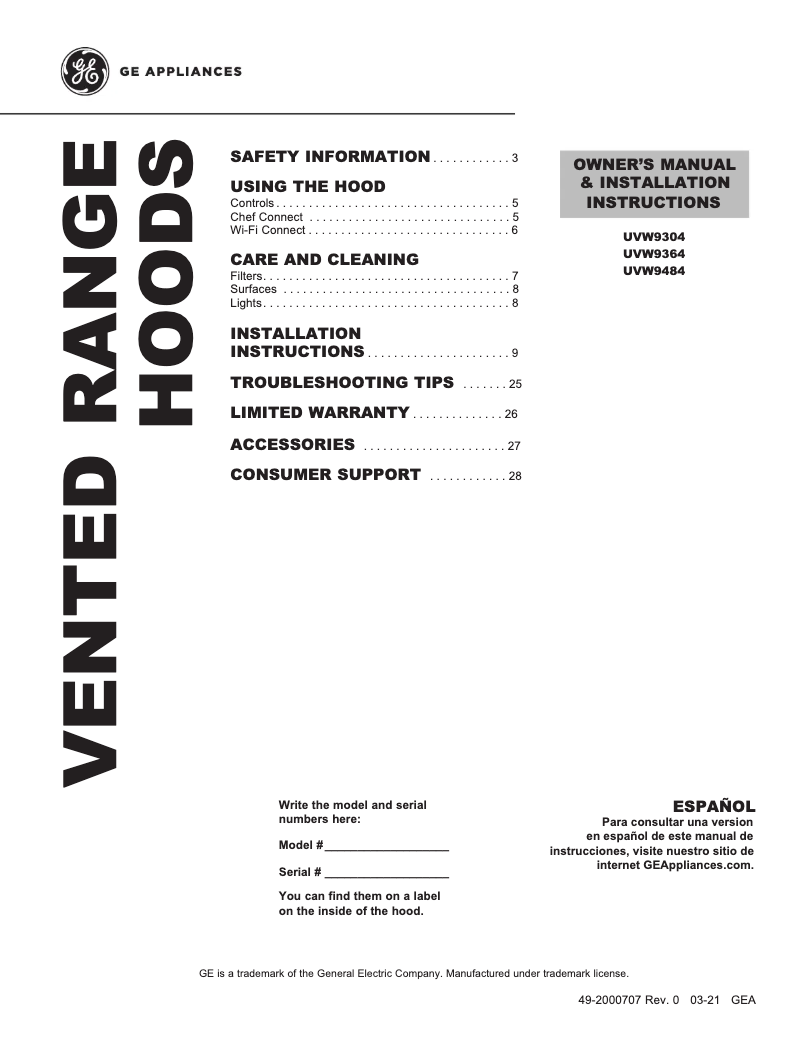 Page 1 de la notice Manuel utilisateur GE UVW9484SPSS