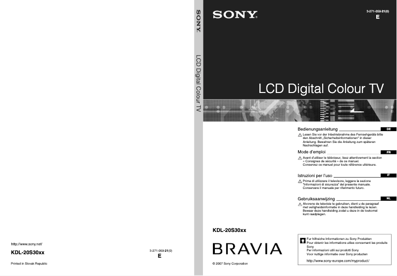 Page 1 de la notice Manuel utilisateur Sony Bravia KDL-20S3030