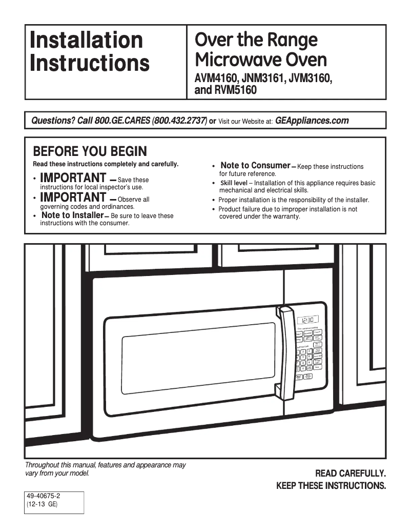 Page 1 de la notice Guide d'installation GE JVM3160DFWW