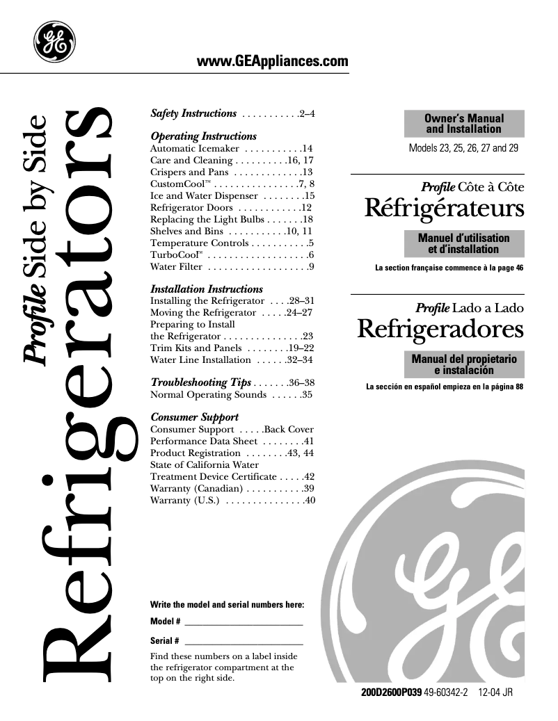 Page n°1 - Manuel d'utilisation et d'entretien GE Profile PSS26NGPWW