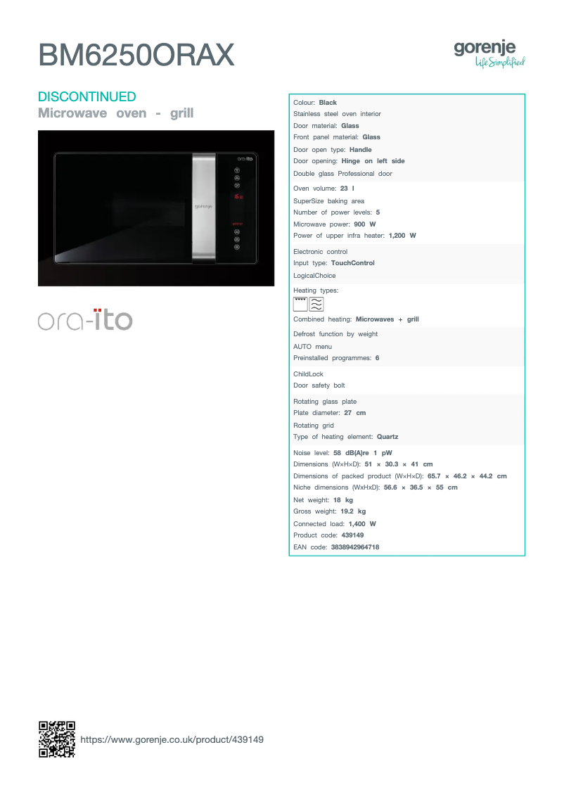 Page 1 de la notice Fiche technique Gorenje BM6250ORAX