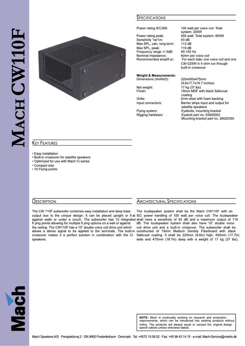 Page 1 de la notice Fiche technique Martin CW110 F