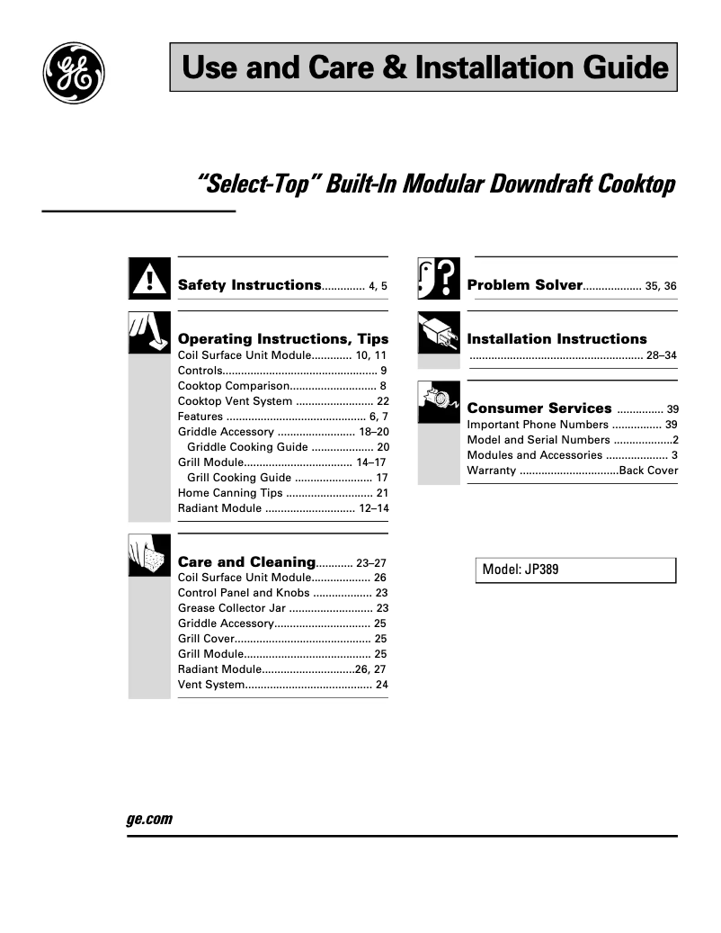 Page n°1 - Guide d'installation GE Select-Top JP389WJWW