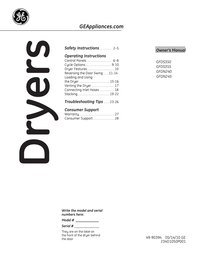Página 1 del manual Manual de uso y mantenimiento GE GFDN240ELWW