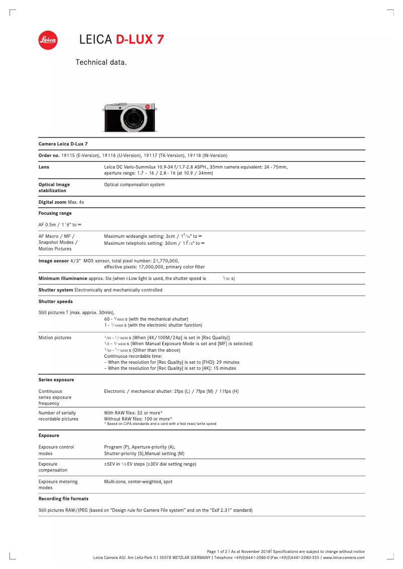 Page 1 de la notice Fiche technique Leica D-Lux 7