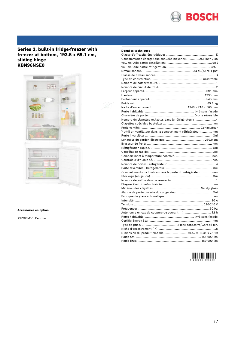 Page 1 de la notice Fiche technique Bosch KBN96NSE0