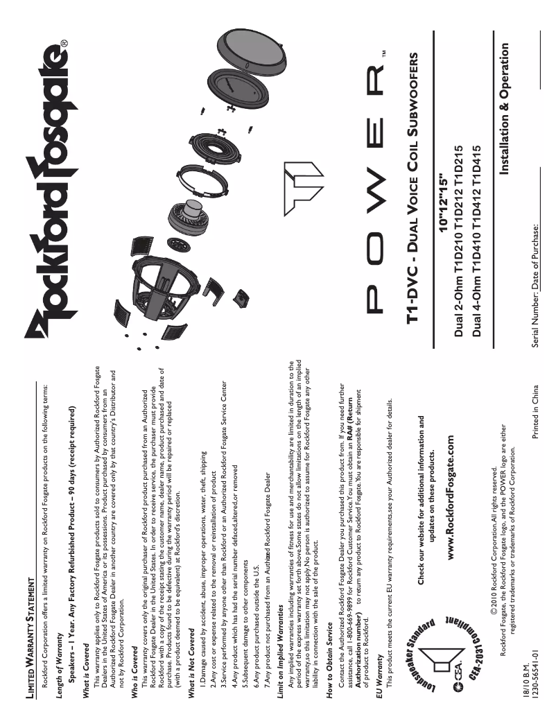 Page 1 de la notice Manuel d'utilisation et d'entretien Rockford Fosgate Power T1D215