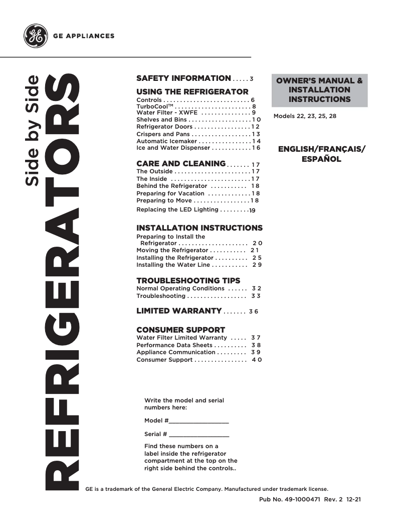 Página 1 del manual Guía de instalación GE Profile PSS28KYHFS