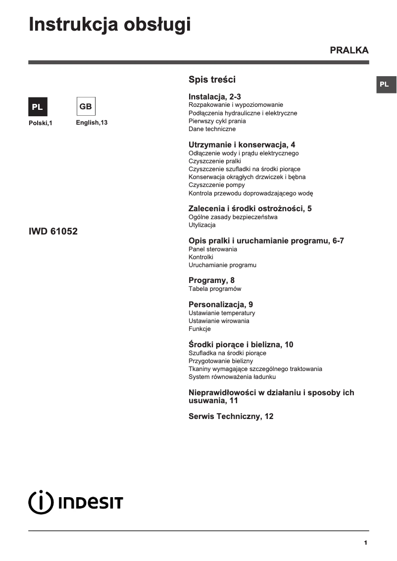 Page n°1 - Manuel utilisateur Indesit IWD 61052 C ECO PL