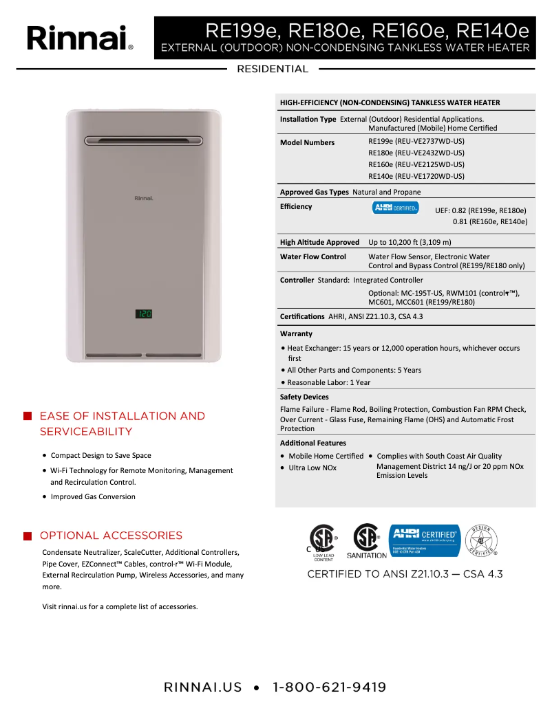 Page 1 de la notice Fiche technique Rinnai RE180e