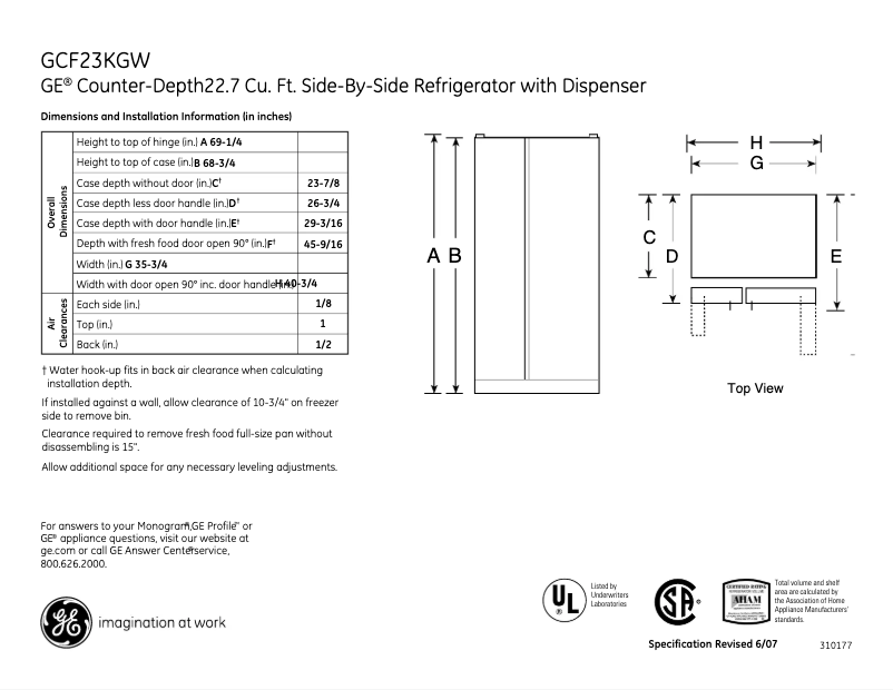 Página 1 del manual Ficha técnica GE GCF23KGWBB