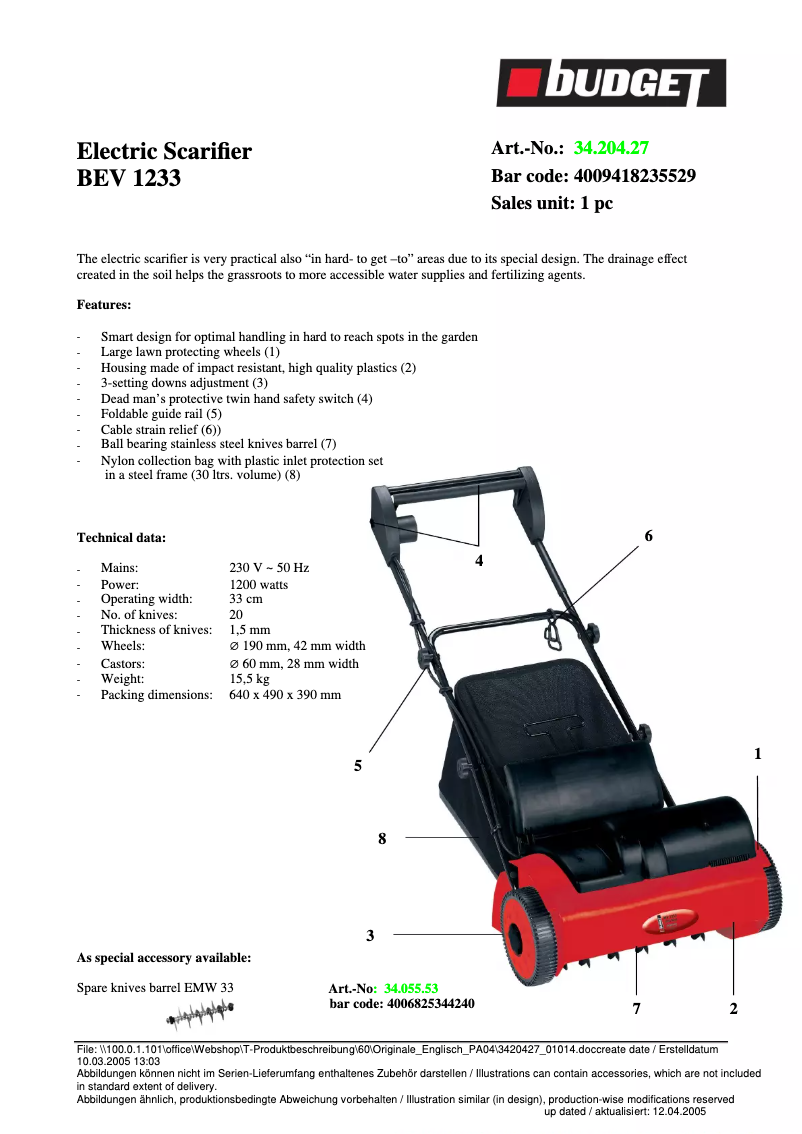 Page 1 of the manual Technical Sheet Budget BEV 1233