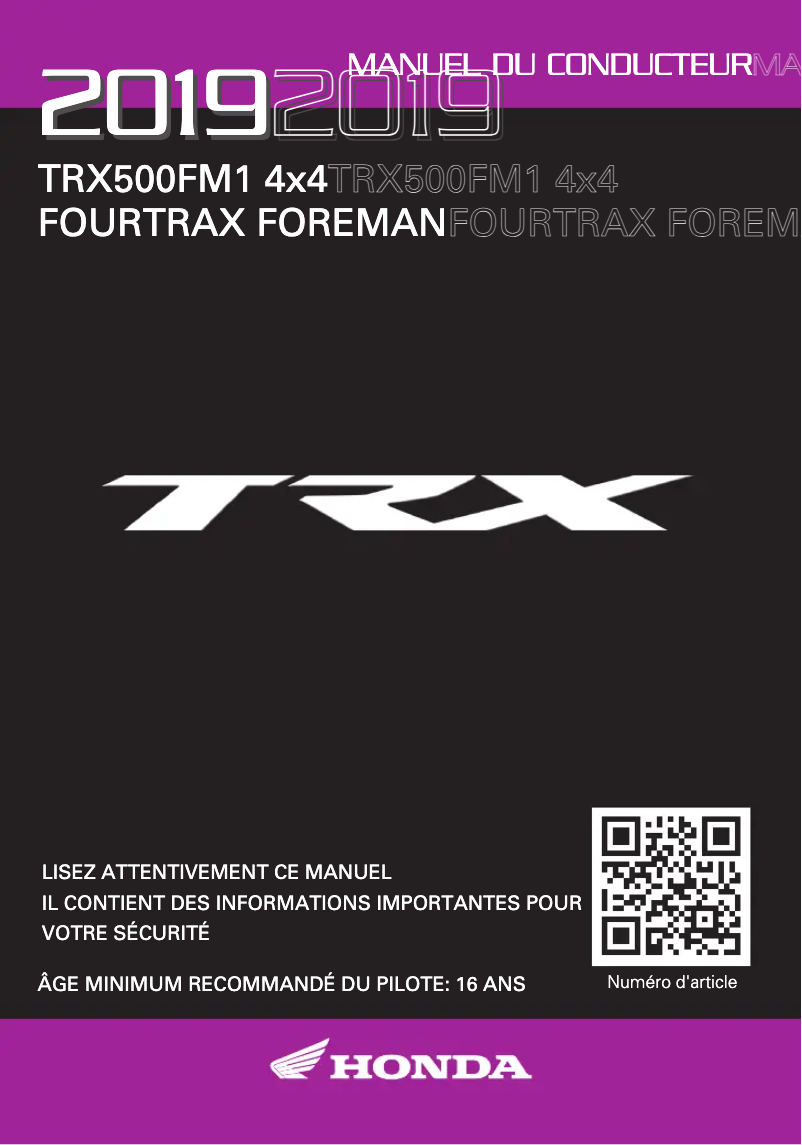 Page 1 de la notice Manuel utilisateur Honda FourTrax Foreman TRX500FM1 (2019)