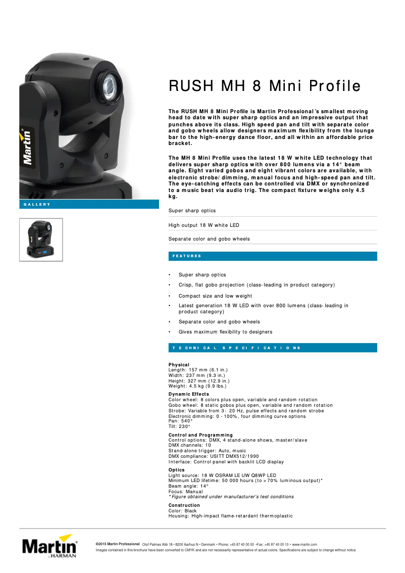 Page 1 de la notice Fiche technique Martin RUSH MH 8 Mini Profile